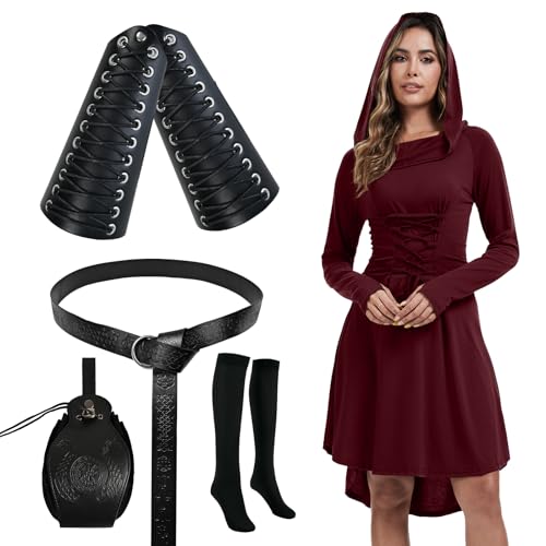 PORJDN Gothic Kleid Set Damen Mittelalter Kleidung Damen Halloween Robe Kapuzenkleid mit Gürtel,Retro Goldmünzenbeutel,Korsett,Overknee Socken,Armschützer,Schürzenklammer. (Rötlichbraun, 4XL) von PORJDN