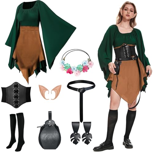 PORJDN Mittelalter Kleidung Damen Traditionelles Irisches Kleid Goth Dress Renaissance Elfen Kostüm mit Elfenohren,Haarschmuck,Overknee Socken für Halloween Kostüm Cosplay. (Braun, 3XL) von PORJDN