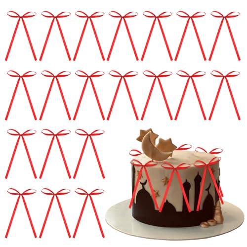 Geburtstag Schleife Tortendeko,20Pcs Cake Topper Schleife Kuchendeko Kuchenaufsätze Schleifen Kuchendekoration Bow Cupcake Topper für Kinder,Mädchen Hochzeit Party Geburtstagsdeko (Rot) von PORUPAEL