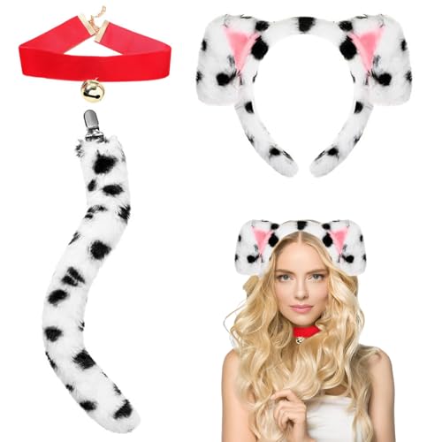PORUPAEL 3 Stück Halloween Dalmatiner Kostüm Set Hundekostüm für Kinder Erwachsene Stirnband Choker Schwanz Hundeohren Verkleidung für Halloween Karneval Cosplay Dress Up Party von PORUPAEL