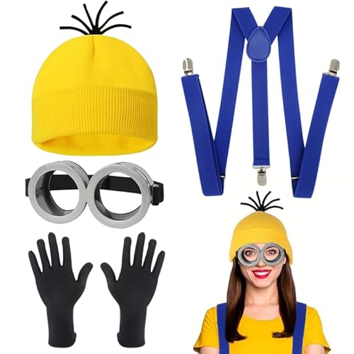 PORUPAEL 4 STK Gelbes Kostüm set für cosplay, Karneval Kostüm Cosplay Kostüm Halloween Kostüme für Erwachsene Kinder, 1 Brille Gelbe 1 Mütze 1 Schwarze Handschuhe Set von PORUPAEL