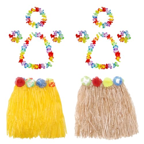 PORUPAEL Hawaiian Hula Rock Kostüm Set Hawaiian Hula Tropical Dance Rock mit Blume Armbänder Stirnband Halskette für Kinder Mädchen Frauen Party FeierKostüm 2 Set (Gelb + Gras) von PORUPAEL