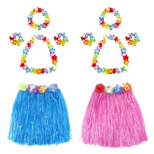 PORUPAEL Hawaiian Hula Rock Kostüm Set Hawaiian Hula Tropical Dance Rock mit Blume Armbänder Stirnband Halskette für Kinder Mädchen Frauen Party FeierKostüm 2 Set (Rosa + Blau) von PORUPAEL