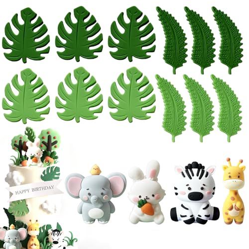Safari Geburtstagstorte Dekoration Babyparty Dekoration Dschungeltiere Kuchen Dekoration Cake Dekoration mit Blättern, 3D-Giraffe, Nilpferd, Zebra, Eichhörnchen (Grün 16 stück) von PORUPAEL