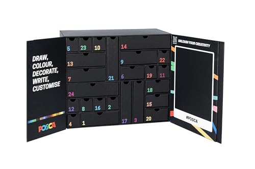 POSCA - Adventskalender 2023 mit 24 Produkten Schreibwaren, Schulschreibwaren, kreative Bastelarbeiten - Geschenkideen mit Schulsachen, Filzstiften, Wachsmalstiften, Bleistiften und mehr von POSCA
