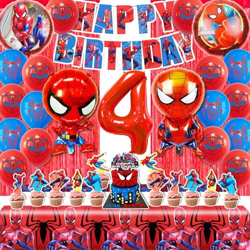 POVALLOV Spiderma Geburtstag Deko 4 Jahre, 50 Stück GeburtstagspartyDekorationen, Spiderm Luftballons Themed Party Set, Spiderma luftballons Geburtstag, spiderma tortendeko, Mit Regenvorhang von POVALLOV