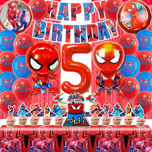 POVALLOV Spiderma Geburtstag Deko 5 Jahre, 50 Stück GeburtstagspartyDekorationen, Spiderm Luftballons Themed Party Set, Spiderma luftballons Geburtstag, spiderma tortendeko, Mit Regenvorhang von POVALLOV