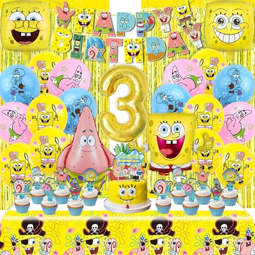POVALLOV Spongeb 3 geburtstagdeko , Spongeb tortendeko, CartoonGeburtstagsdekorationBanner, Luftballons, Tortendeko, Regenvorhang, Ballons Geburtstag, Geburtstagsparty-Dekorationen von POVALLOV