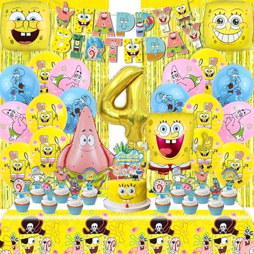 POVALLOV Spongeb 4 geburtstagdeko , Spongeb tortendeko, CartoonGeburtstagsdekorationBanner, Luftballons, Tortendeko, Regenvorhang, Ballons Geburtstag, Geburtstagsparty-Dekorationen von POVALLOV