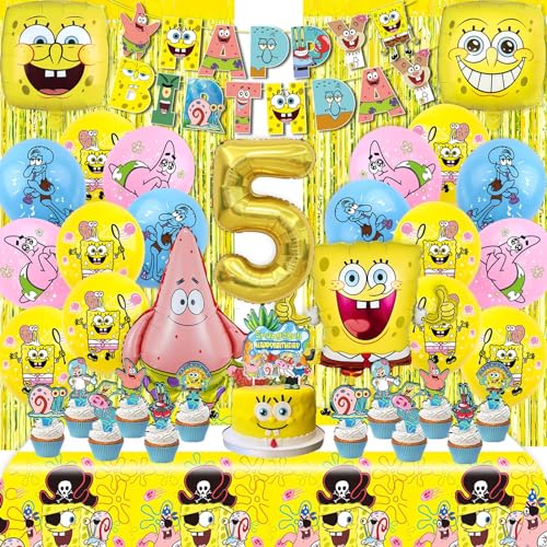 POVALLOV Spongeb 5 geburtstagdeko , Spongeb tortendeko, CartoonGeburtstagsdekorationBanner, Luftballons, Tortendeko, Regenvorhang, Ballons Geburtstag, Geburtstagsparty-Dekorationen von POVALLOV