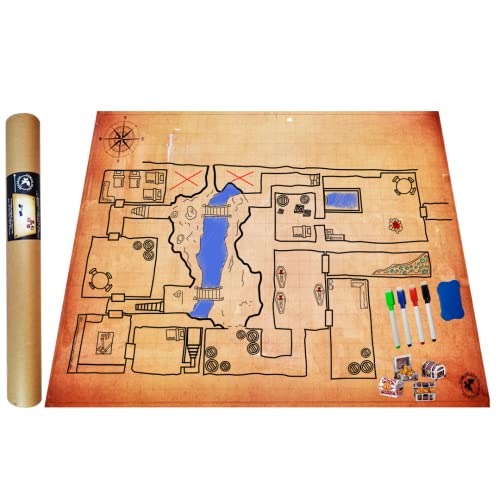 Power Beast Dungeon Grid Game Mat + 4 Marker und Radiergummi + 4 Schatztruhen, Role Playing Game Board, Brettspiele Accesorie, D&D, Kriegsspiele, Pathfinder, Dungeons and Dragons, DND, RPG. von POWER BEAST