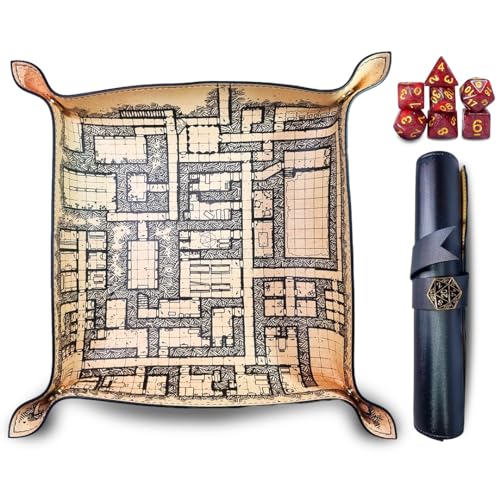 Power Beast Dungeon Würfelteller mit Karte, Würfelunterlage, Würfelschale, Würfelbrett, Würfelmatte, Kunstleder + 7 Rollenspiel Würfel, Mit Polyedrische Würfel Set, Dungeons and Dragons, D&D. von POWER BEAST