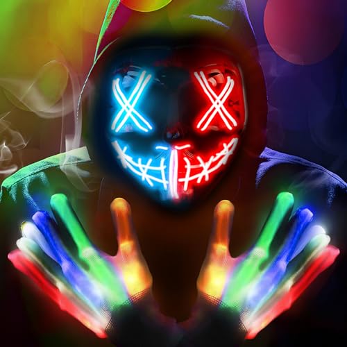 POWLYB Halloween Maske LED Maske Leuchtende Handschuhe-Set, Mehrere Leuchtmodi The Maske, 3 Beleuchtungsmodi für Kostümspiele Cosplays Feste und Partys Geeignet für Erwachsene und Kinder von POWLYB