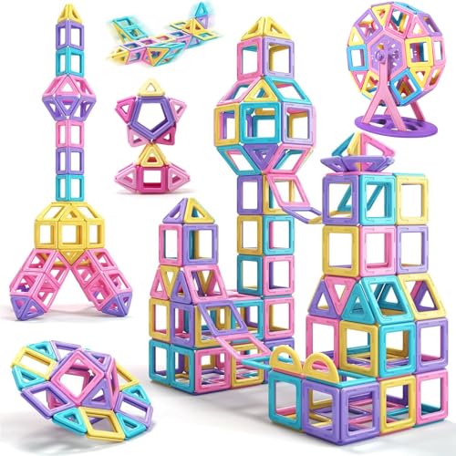 POWLYB Magnetische Bausteine 60PCS, Magnet Spielzeug Kinder Magnetbausteine ab 3 4 5 6 Jahre, Lustiges Pädagogisches Bauspielzeug für Geschenk ab Junge Mädchen Bauklötze Kinderspielzeug von POWLYB