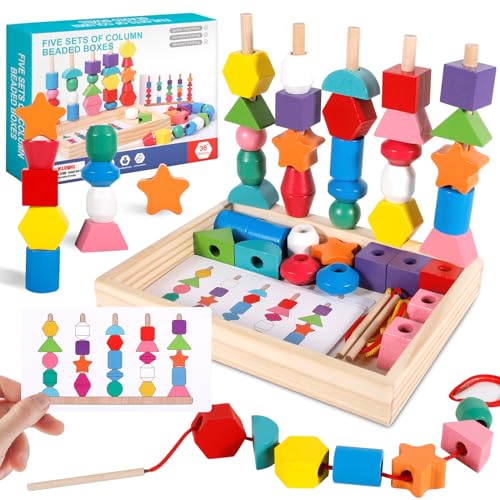 POWZOO 3-in-1 Spielzeug aus Holzschnürperlen,Fädelspiel,Stapelspielzeug,Sortierspiel,mit Karten und Aufbewahrungsbox,Montessori Spielzeug ab 2-5 Jahre,Lernspielzeug,Geschenke für Jungen und Mädchen von POWZOO