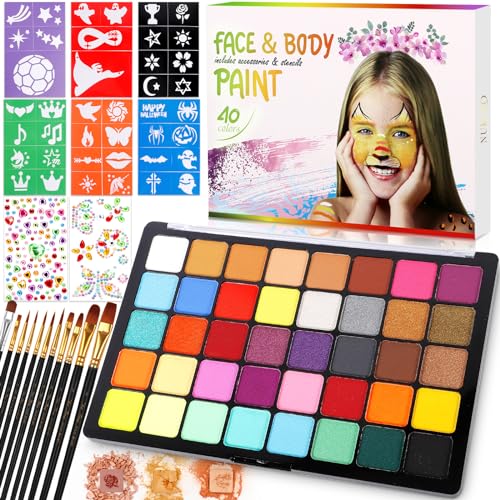 POWZOO Kinderschminke Set,40 Farben Gesichtsfarbe Schminkpalette,mit Schablonen,Pinsel,Edelsteine,Waschbar,ungiftig Body Painting Face Paint Set,für Halloween,Themenpartys sfarben Gesichtsbemalung. von POWZOO