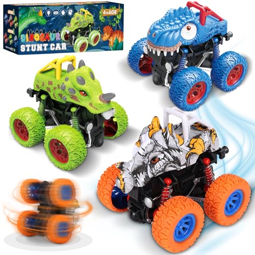 POWZOO Monstertruck,3 Stück Dinosaurier 360 Grad Rotierende Trägheit Fahrzeug Auto Spielzeug,Reibung Zurückziehen Spielzeugautos Monster Trucks.für 3+ Jahre Kinder Geschenke. von POWZOO