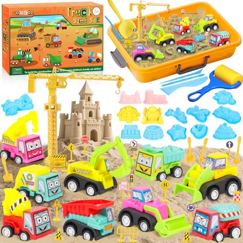 POWZOO Zaubersand Sand Set,1000g Magic Sand,DIY Spielsand Sandbox,mit 9 Rennautos,20 Straßenschilder,Werkzeuge,Burg,Kran,Kreativspielzeug für Kinder ab 3 Jahre. von POWZOO