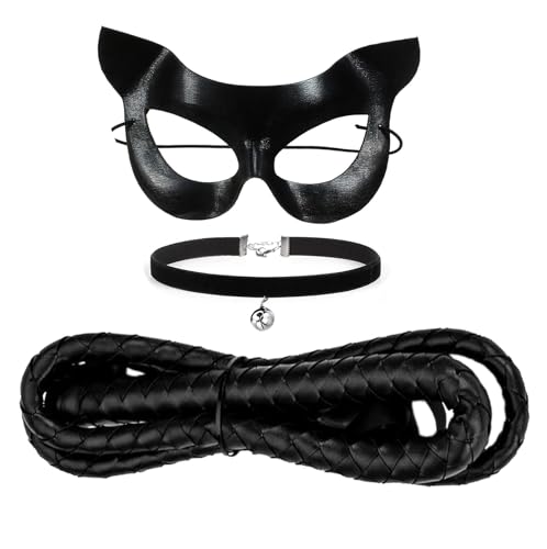 Cat Woman Katzenkostüm 3 Stück Katze Kostüm Set Katzenkostüm Damen Kinder Halskette Masken Peitsche Katzenfrauenkostüm Katze Kostüm Zubehör,Maskerade Masken, Halloween Karneval Cosplay Party (A) von PPGGOPP