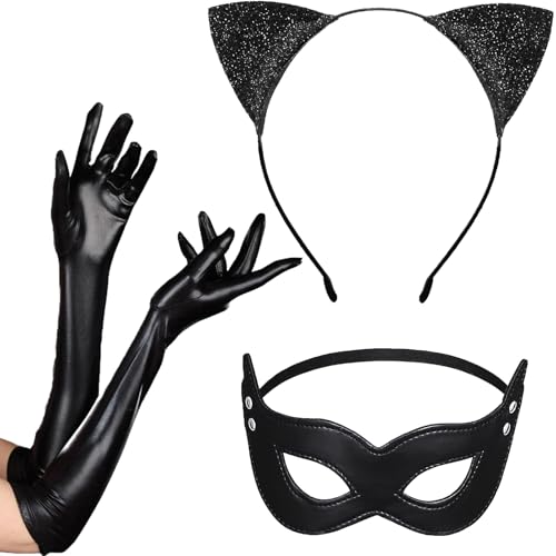 Cat Woman Katzenkostüm 3PCS Katze Kostüm Set Katzenkostüm Damen Kinder Katzenohren Haarreif Masken Handschuhe Katzenfrauenkostüm Katze Kostüm Zubehör,Maskerade Masken, Halloween Karneval Cosplay Party von PPGGOPP