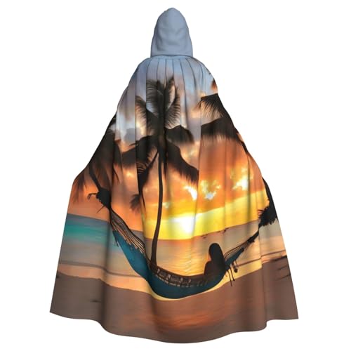 PPHGUT Coconut Beach Sonnenuntergang Hängematte Druck Unisex volle Länge Kapuze Halloween Umhang für Cosplay Mittelalter und Festivals passt von PPHGUT