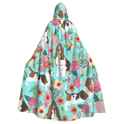 PPHGUT Süßer Basset Hound Blumendruck, Unisex, volle Länge, mit Kapuze, Halloween-Umhang für Cosplay, Mittelalter und Festivals, passend von PPHGUT