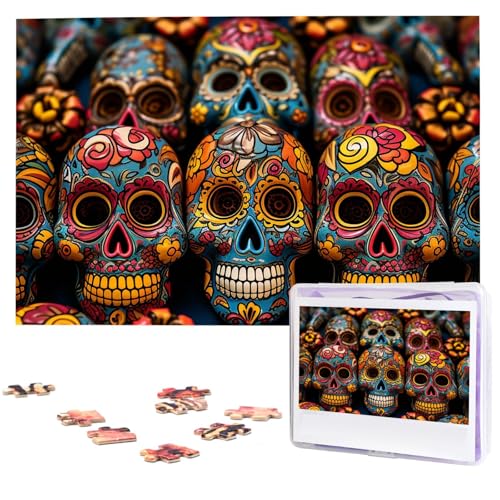 Bunte Zuckerschädel Puzzle für Erwachsene, herausfordernde Holzpuzzle, 1000 Teile, personalisiertes Fotopuzzle, Bilder-Puzzle, individuelle Puzzles für Geburtstag von PPTHSNVB