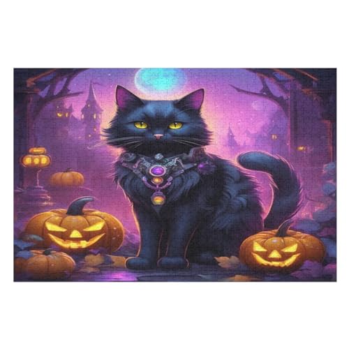 Halloween-Katze 1000 Teile Premium-Puzzles Für Erwachsene Kinder- Holzpuzzles Spaß Und Lernspiele - Perfekte Puzzle-Geschenke （75×50cm） von PPZYY