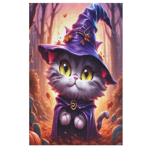 Halloween Katze Puzzles 1000 Teile Erwachsener Kniffel Spaß Für Die Ganze Familie, Holzpuzzle Kinder Erwachsene, Impossible Puzzle Schwer （78×53cm） von PPZYY