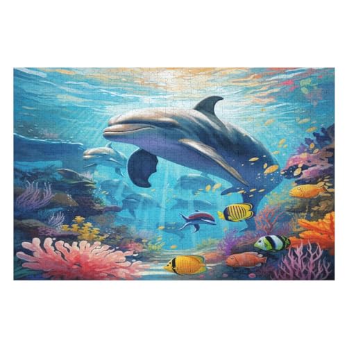 Holzpuzzles 1000 Teile Delphins -Puzzle Für Jungen Und Mädchen, Schwierigkeitsgrad, Lernspiele, Familienspielzeug （75×50cm） von PPZYY