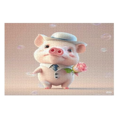 Süßes Schwein Holzpuzzle 1000 Teile, Knobelspiele Für Erwachsene, Teenager, Puzzles Unmögliche - Kinder Puzzle Zimmer Deko （75×50cm） von PPZYY