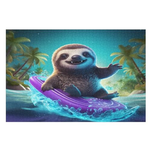 Surfing Sloth Holzpuzzle 1000 Teile, Knobelspiele Für Erwachsene, Teenager, Puzzles Unmögliche - Kinder Puzzle Zimmer Deko （75×50cm） von PPZYY