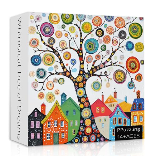 Buntes Lebensbaum-Puzzle für Erwachsene, 1000 Teile, Fantasy-Dorfhaus-Szene, Kunst-Puzzle, lustiges, herausforderndes Baum-Thema als Wanddekoration für Zuhause von PPuzzling