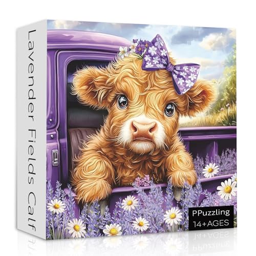 Highland Cow Puzzle für Erwachsene, 1000 Teile, niedliches Bauernhof-Kuh-Tier-Puzzle mit Lavendelblüte, Gänseblümchenfeld und violettem Vintage-LKW-Szenen-Puzzle, Natur-Puzzle für Kuhliebhaber Highland Cow Puzzle für Erwachsene, 1000 Teile, niedliches Bauernhof-Kuh-Tier-Puzzle mit Lavendelblüte, Gänseblümchenfeld und violettem Vintage-LKW-Szenen-Puzzle, Natur-Puzzle für Kuhliebhaber von PPuzzling