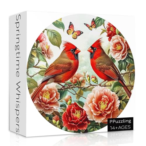 Vintage Bird Puzzle für Erwachsene 1000 Teile, Rund Frühling Kardinal Vogel Blume Puzzles, Natur Floral Schmetterling Vogel Kunst Puzzle, Schwierige harte Herausforderung Puzzles für Erwachsene von PPuzzling