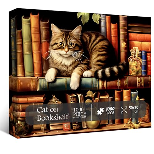 Vintage Katze Puzzles für Erwachsene 1000 Teile Lustige Kätzchen Buch Puzzles Retro Katze Bücherregal Tier Puzzle als Kitty Dekor von PPuzzling