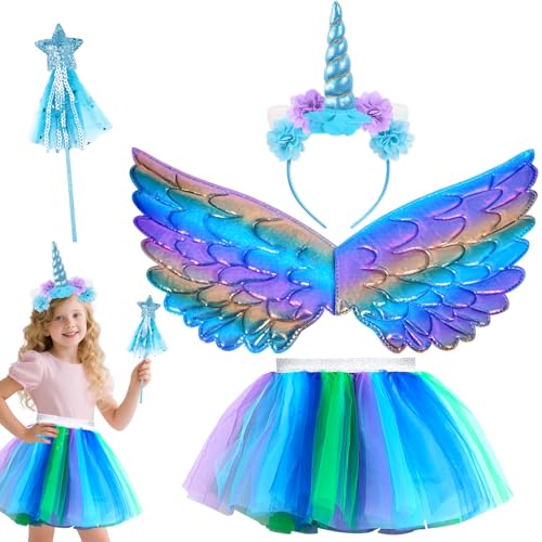 PQETBV Einhorn Kostüm Prinzessin Set, 4 Stück Einhorn Kostüm Kinder Prinzessin, Einhorn Geschenk für Cosplay Kindergeburtstag Karneval Halloween(2-7 Jahre) von PQETBV