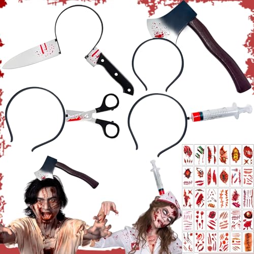 PQETBV Schockierendes Halloween Haarreif-Set: 4 Grusel-Stirnbänder + 30 Realistische Narben-Tattoos | Horror Accessoires für Erwachsene Party von PQETBV