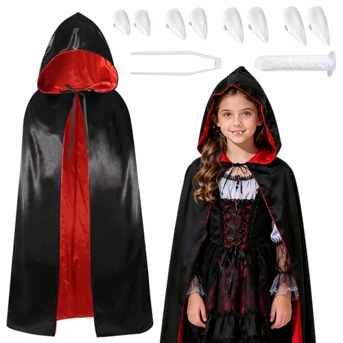 PQETBV Halloween Vampir Kostüm, Schwarz Rot Doppelseitig Kostüm Vampir mit Vampirzähne Umhang Kinder Erwachsene Karneval Cosplay von PQETBV