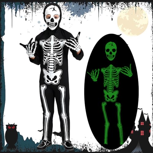 PQETBV Skelett Kostüm Kinder Leuchtend, Halloween Skelett Kinderkostüm, Trick-or-Treating Cosplay Kostüm für Jungen und Mädchen (L-Nummer) von PQETBV