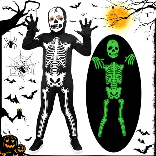 PQETBV Skelett Kostüm Kinder Leuchtend, Halloween Skelett Kinderkostüm, Trick-or-Treating Cosplay Kostüm für Jungen und Mädchen (M-Nummer) von PQETBV