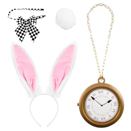 PQJSJDR Weißes Hasenohren-Stirnband und Schwanz-Set, 4-teiliges Kaninchen-Kostüm-Zubehör mit Fliege, Uhr, Halskette für Ostern, Halloween, Cosplay, Erwachsene, Party von PQJSJDR