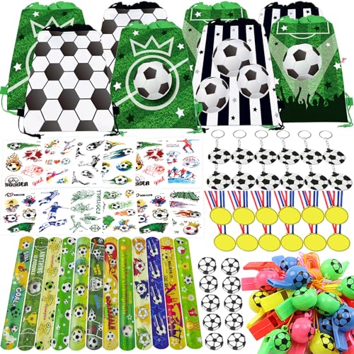 PQKL-Party 84-Teiliges Fußball Mitgebsel Set für Jungen - Kindergeburtstag Party Zubehör Mit Kordelzug Beutel, Tattoos, Medaillen und Trillerpfeifen von PQKL-party