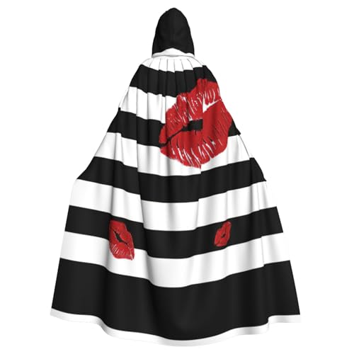 PQruop Halloween-Kapuzenumhang für Erwachsene, Motiv: Lippen mit schwarz-weißen Streifen, dekorativer Umhang für Partys, Cosplay und Festivals von PQruop
