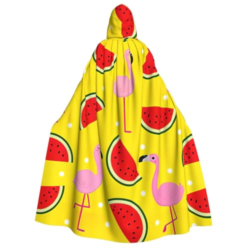 PQruop Pinker Flamingo- und Wassermelonen-Druck, Halloween-Kapuzenumhang, Hexenumhang, geeignet für Maskerade, Weihnachtsfeier, Cosplay-Kostüm von PQruop