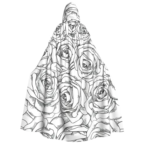PQruop Schwarz-weißer Rosen-Druck, Halloween-Kapuzenumhang, Hexenumhang, geeignet für Maskerade, Weihnachtsfeier, Cosplay-Kostüm von PQruop