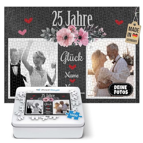 Foto-Puzzle selbst gestalten - 25 Jahre Glück - mit Namen, Datum und 2 Fotos personalisierbar, Geschenk zur Silberhochzeit | personalisiertes Geschenk, 1000 Teile, inkl. Metalldose von PR Print Royal