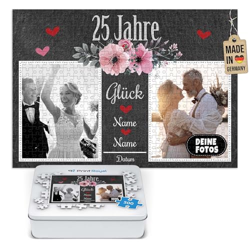 Foto-Puzzle selbst gestalten - 25 Jahre Glück - mit Namen, Datum und 2 Fotos personalisierbar, Geschenk zur Silberhochzeit | personalisiertes Geschenk, 500 Teile, inkl. Metalldose von PR Print Royal