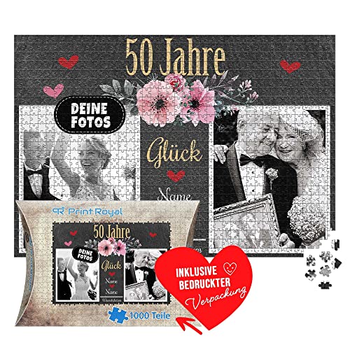 Foto-Puzzle selbst gestalten - 50 Jahre Glück - mit Namen, Datum und 2 Fotos personalisierbar, Geschenk zur goldenen Hochzeit | personalisiertes Geschenk, 1000 Teile, inkl. Kartonverpackung Foto-Puzzle selbst gestalten - 50 Jahre Glück - mit Namen, Datum und 2 Fotos personalisierbar, Geschenk zur goldenen Hochzeit | personalisiertes Geschenk, 1000 Teile, inkl. Kartonverpackung von PR Print Royal