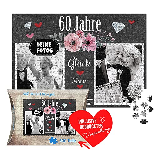 Foto-Puzzle selbst gestalten - 60 Jahre Glück - mit Namen, Datum und 2 Fotos personalisierbar, Geschenk zur diamantenen Hochzeit | personalisiertes Geschenk, 500 Teile, inkl. Kartonverpackung Foto-Puzzle selbst gestalten - 60 Jahre Glück - mit Namen, Datum und 2 Fotos personalisierbar, Geschenk zur diamantenen Hochzeit | personalisiertes Geschenk, 500 Teile, inkl. Kartonverpackung von PR Print Royal